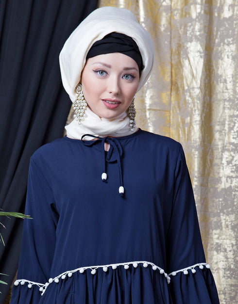 Modest Balloon Sleeve Pom Pom Lace Bohemian Abaya Navy Blue